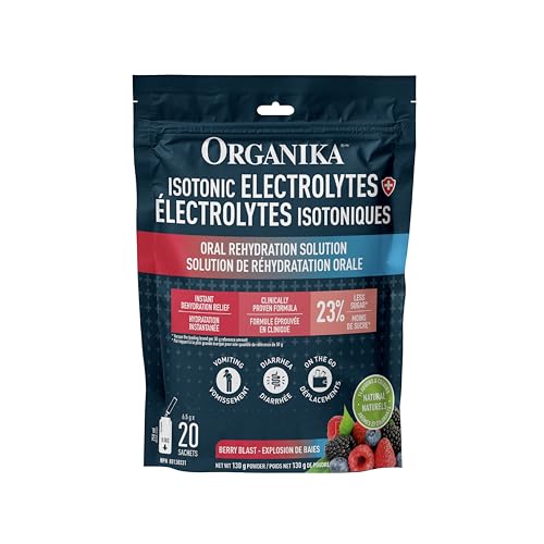 Organika Isotonic Electrolytes - Dehydration Relief and Electrolyte Replenishment Powder For Adults, Berry Blast Flavour,Free from Artificial Preservatives, Sweeteners and Colours - 6.5g x 20 sachets