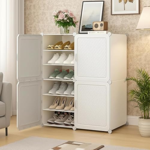 Image of Modular Shoe Rack Organizer with Drawer Storage, Multi-Layer Foldable Shoe Cabinet with Dustproof Doors for Home Entryway Bedroom (White, 4-Door)