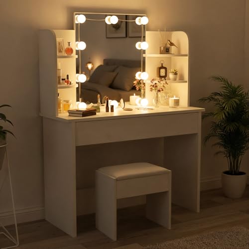 Juskys Schminktisch mit Beleuchtung und Spiegel, Vanity Table, Schublade & 4 Ablagefächern - Holz -...