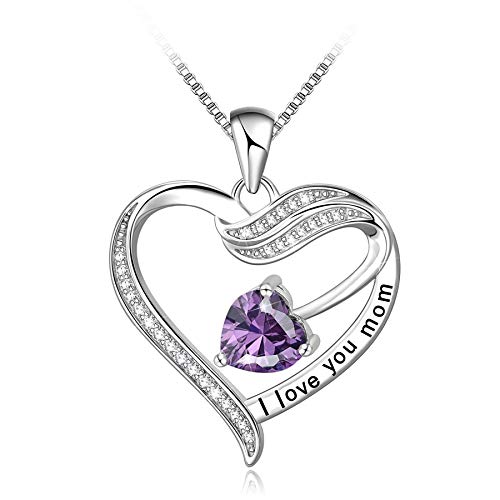 Long Way Mother's Birthday Gift "I Love You Mom" S925 Sterling Silver Heart Pendant Necklace (purple)