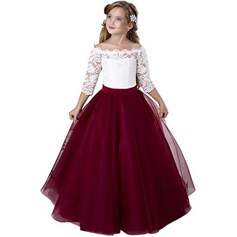 Flower Girl Dress Kids Lace Pageant Party Christmas Ball Gown Dresses Burgundy Size 10 Cover