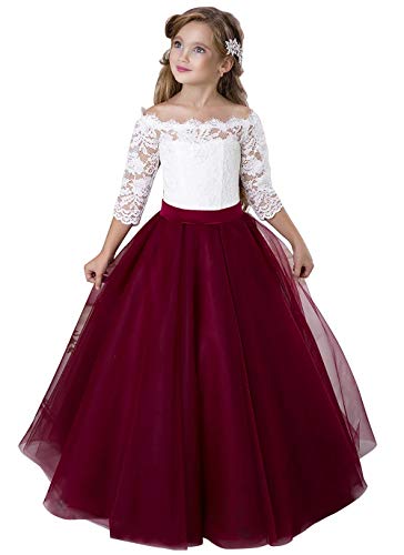 Aibaowedding Robe de princesse pour fille avec fleurs - Robe de bal - Robe de cocktail en tulle - Élégante robe de soirée, de communion, rouge bordeaux, 10 ans Cover