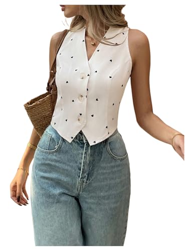 GORGLITTER Women's Button Down Waistcoat Blazer Vest Dressy Heart Print V Neck Sleeveless Crop Tank Top