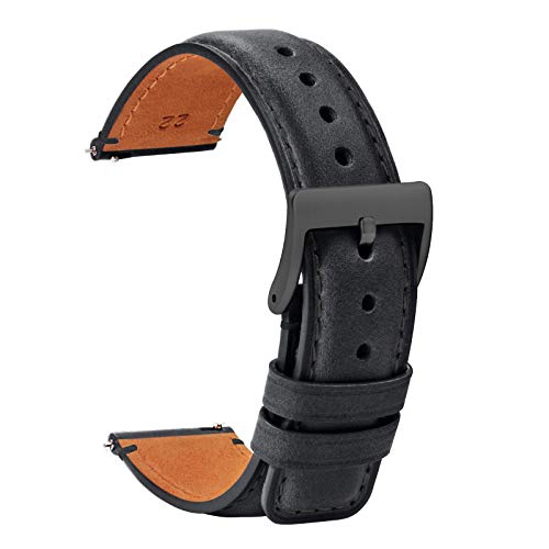 TStrap Montre Bracelets Cuir 18mm - Remplacement Bracelets de Montre Dégagement Rapide Noir Doux Sport pour Hommes Dames - Bracelets Montres Intelligentes Fermoir Boucle Noire - 18mm 20mm 22mm Cover