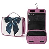 Neceser grande de terciopelo suave con lazo azul marino para mujer, organizador de maquillaje colgante con gancho para champú