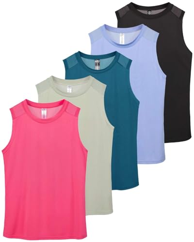 Real Essentials 5 Pack: Women's Dry-Fit Racerback Muscle Tank Tops –Workout Shirts Mesh Insert, Athletic (Available in Plus)