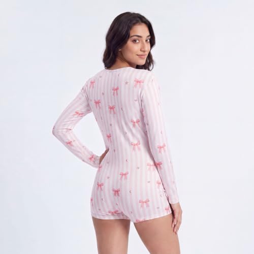 Image of Women Christmas Shorts Romper Print Long Sleeve Deep V Neck Fitted Jumpsuit
