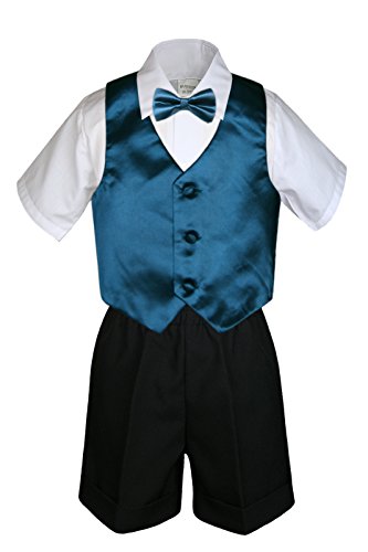 Unotux 7Pc Baby Boy Black Formal Shorts Check Suits Extra Vest Bow Tie Sets S-4T (3T, Green Teal) #TOP1