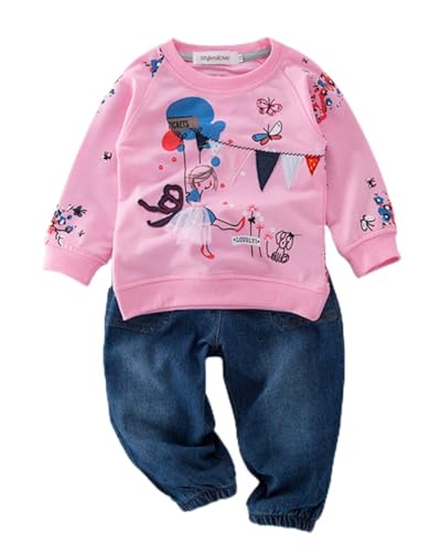 stylesilove Pattern Sweatshirt and Jeans Little Girls Outfit (Pink, 130/5-6 Years)