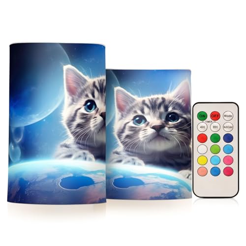 Kigai Space Cat Flameless Candles with Remote Control and Timer,Battery Operated LED Pillar Candles Adjustable Brightness for Ourdoor Indoor Use,Home Decor,2 Pack