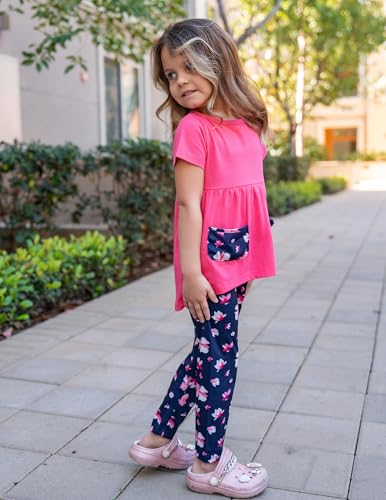 Image of Arshiner Toddler Girls Outfits Floral Hi-Lo Tops+pants Sets Short SLeeve 2pcs Pants Sets with Pockets