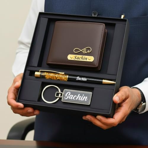 Image of Personalized Wallet for Men with Name & Charm | PU Leather Wallet, Pen & Keychain Combo Gift Set for Men | Birthday Anniversary Corporate Gift for Husband Boyfriend Father (Dark Brown)