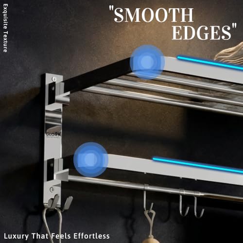 Image of GLOXY Premium SS 304 Towel Rack 24 Inch in Bathroom - Wall Mounted Foldable Towel Holder with Multipurpose Hooks - Chrome Finish Towel Hanger for Towels & Clothes - Bathroom Fittings Accessories