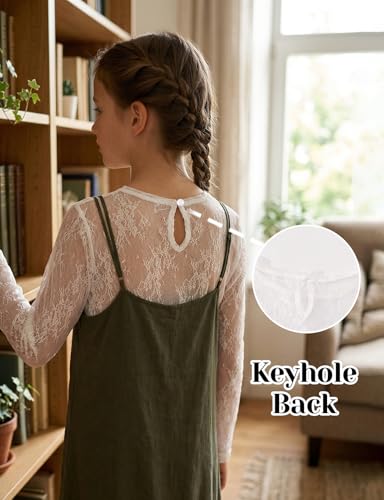 Image of Noomelfish Girls Lace Layering Tops Sheer Mesh Tee Shirts Blouse (5-12 Years)