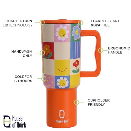 Image of House of Quirk 1200ML Stainless Steel Tumbler with Handle & Lid, 2 Straws - Large Travel Mug Water Cup for Gym, Office & Outdoor Use (Sunpop)