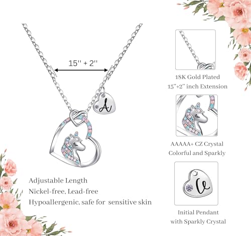 Unicorn Necklace for Girls Kids with Personalized Initial Heart Pendant, 18K Gold Fashion Jewelry for Girls, Colorful Heart Necklace for Birthday Gifts.4