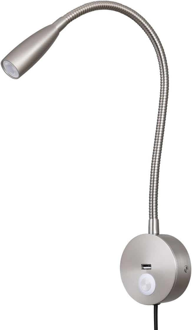 LED Bedside Touch Dimmable Wall Mounted Reading Light - Night Light With USB Flexible Gooseneck - Brushed Nickel