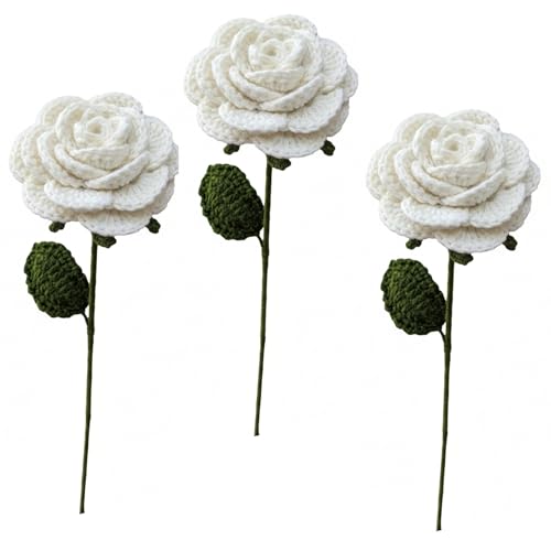 Image of Prapti Handicrafts Handmade Crochet Rose Artificial Forever Flowers for Vase, Home Decoration (3, White Rose)