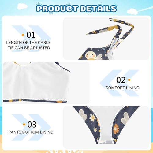 Vintage Embroidery Honey Bee with Wild Flowers Girls' 2 Piece Kids Bikini Set Scoop Neck Swimsuits Swimwear Adjustable4