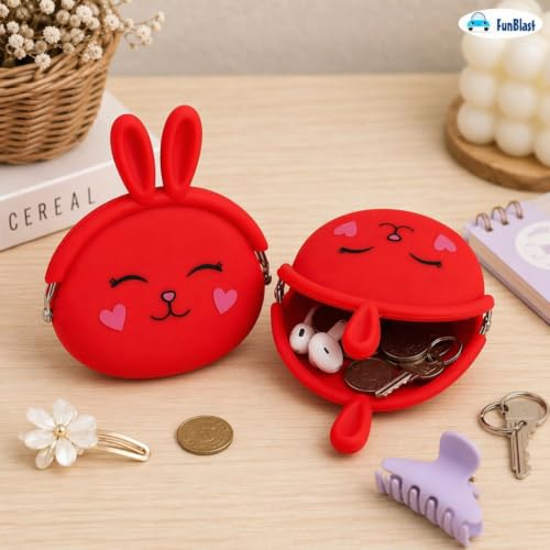 Image of FunBlast Cute Bunny Shape Silicone Coin Purse for Kids & Adults - Mini Pouch for Coins, Earphones, Keys & Small Essentials, Aesthetic Pouches for Girls & Women - 12 X 9.5 X 3 Cm (Bunny-Red)