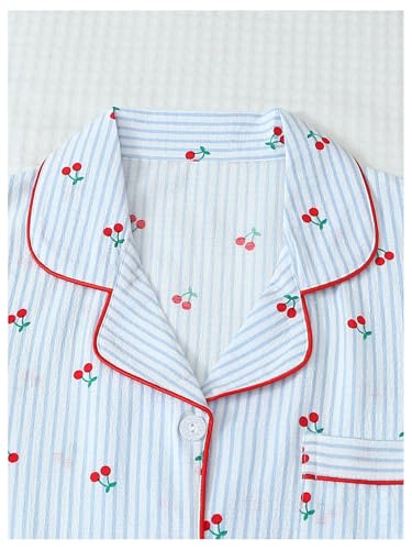 Image of BEAUDRM Women's Two Piece Pajama Sets Allover Print Short Sleeve Sleepwear Button Down Shirt and Bow Shorts Pj Set Loungewear