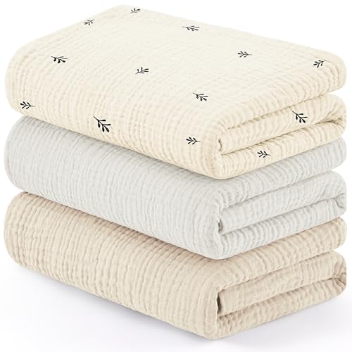 Susurration Muslin Cloths for Baby 100 x 96 cm Baby Swaddle for Boys and Girls Soft Baby Muslin Blanket 3 Pack Breathable Nursery Receiving Blankets (Cute Bud)