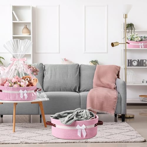 Image of Colingmill Large Woven Basket for Gifts Empty Set with Gift Bags and Ribbon Gift Baskets and Wrapping Set Storage 14 inchx 10 inchx 5.5 inch Decorative Box for Class of 2026 Graduation(Pink)