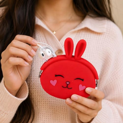 Image of FunBlast Cute Bunny Shape Silicone Coin Purse for Kids & Adults - Mini Pouch for Coins, Earphones, Keys & Small Essentials, Aesthetic Pouches for Girls & Women - 12 X 9.5 X 3 Cm (Bunny-Red)