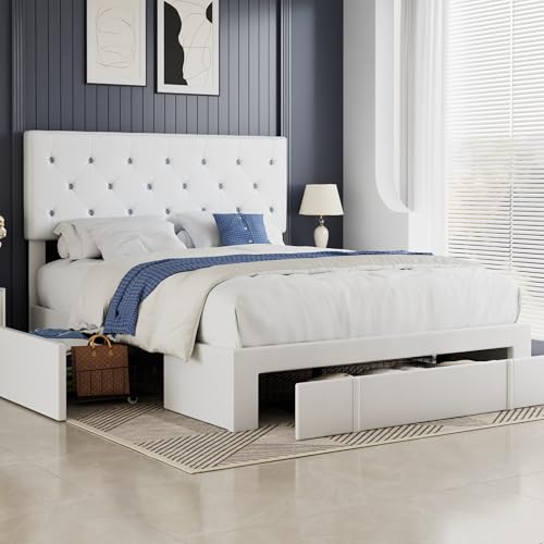 VECELO Full Size Bed Frame with 3 Storage Drawers, Leather Upholstered with Diamond Tufted Headboard, Solid Wood Slat Support, No Box Spring Needed, PU & White