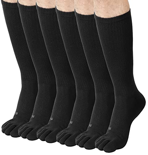 FUN TOES Men Crew Toe Socks Athletic Running - Proper Toe Alignment - Breathable Mesh Top - Value 6 Pairs Pack size 6-12