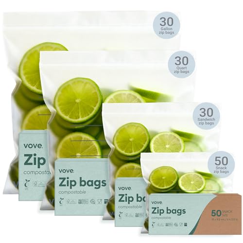Vove Kompostierbares Aufbewahrungs- & Gefrierbeutel-Set, 140 Stück in S/M/L/XL – wiederverschließbar, schadstofffrei, plastikfrei – für Lebensmittel, Meal Prep und Snacks