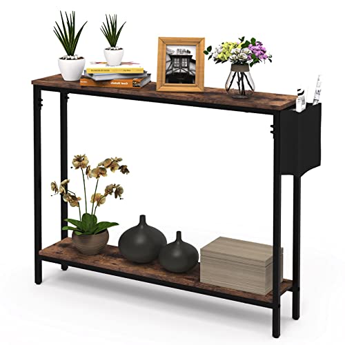 Bigbiglife 39.4″ Console Entryway Table, 2-Tier Industrial Narrow Sofa Table with Storage Shelves for Hallway, Living Room, Bedroom, Foyer, Corridor, Office, Rustic Brown and Black