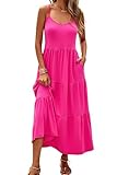 Halife Summer Dress Casual Womens Fashion Sleeveless Dresses with Pockets Adjustable Spaghetti Strap Long Tiered Maxi Dress Hot Pink S