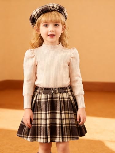 Image of Toddler Girl Outfits Puff Sleeve Ribbed Shirt Knitted Tops Pleated Plaid Skirt Set with Hat 3Pcs Fall Winter Clothes