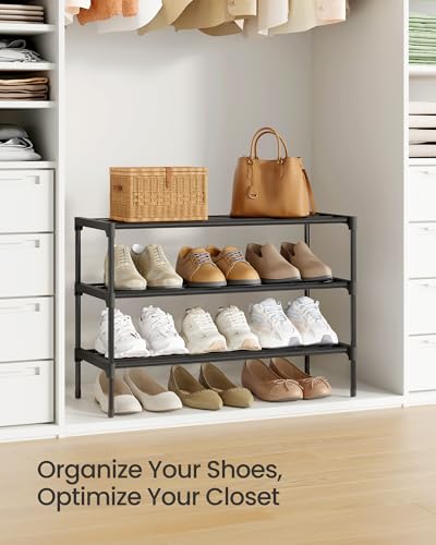 Image of SONGMICS 3-Tier Shoe Rack for Closet, Compact Metal Shoe Organizer Shelf for Entryway, Bedroom, Small Spaces, Stackable, 11.8 x 24.5 x 19.1 Inches, Black ULSA123BH01
