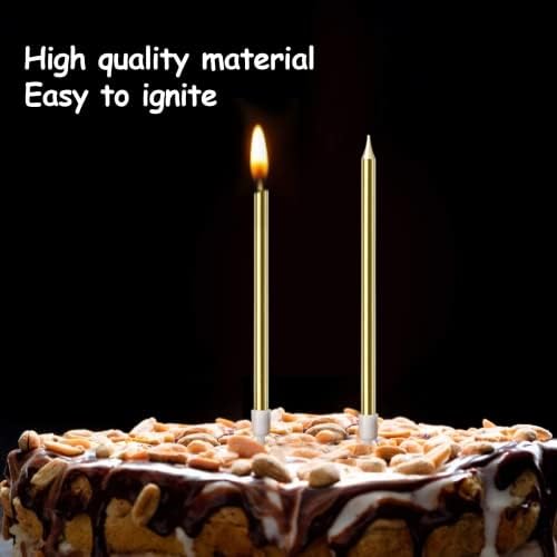 Gold Birthday Candles for Cakes,12 Pieces Metallic Glitter Cake Candles Tall Birthday Cake Candles with Holder for Birthday Wedding Party Decoration