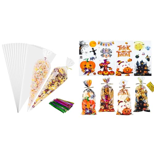 NPLUX Bundle of 100 Pack Clear Cellophane Bags and Halloween Treat Bags with Ties for Party Favors, Bakery, Candy, Popcorn
