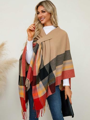 Women's Tassel Ruana Poncho Shawl Cardigan Sweater Open Front Boho Pashmina Knitted Plaid Wrap Cape Cloak4