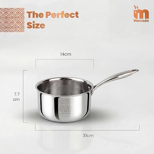Image of Mercado Triply Stainless Steel Saucepan 14 cm with Lid 1L | SS304 Food Grade | Ideal for Milk, Tea & Boiling | Induction Compatible | Cool-Touch Long Handle | Even Heat Distribution | 5 Years Warranty