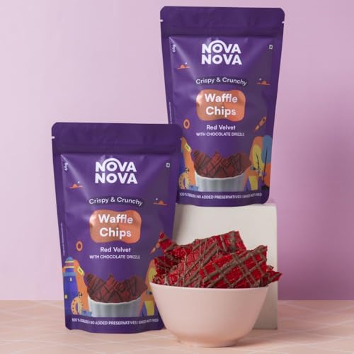 Image of Nova Nova Waffle Chips - Red Velvet with Chocolate Drizzle | 100% Eggless | Freshly Baked | Pack of 2 (130g)