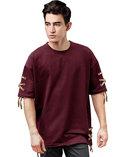 Image of EYEBOGLER Mens Round Neck Oversized Elbow Sleeves Solid Tshirt