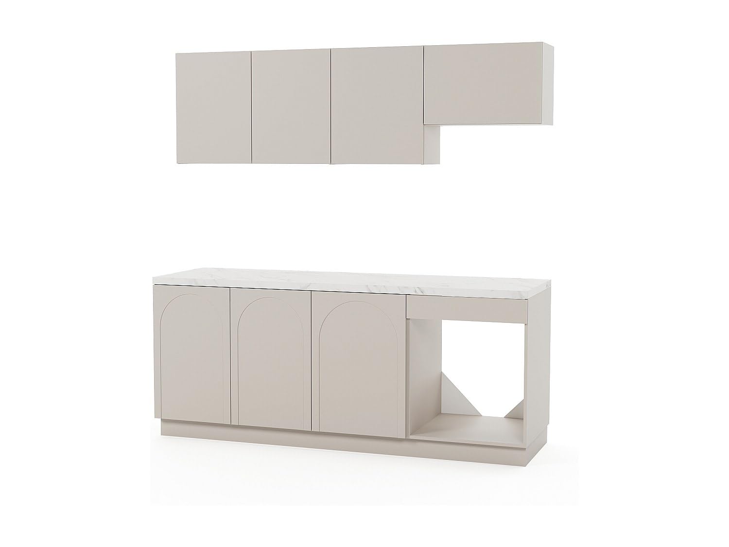 Vente-unique - Komplette Küche – mit Arbeitsplatte 200 cm – Beige und weißer Marmoreffekt – Nalayra