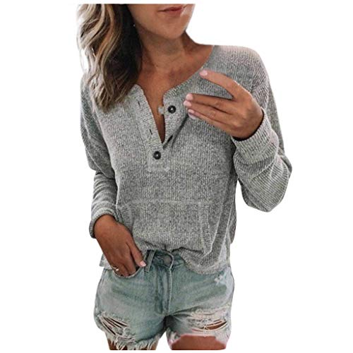 Womens V Neck Henley Shirts Pocket Ribbed Long Sleeve Button Down Tops Casual Loose Fit Tees Dark Gray