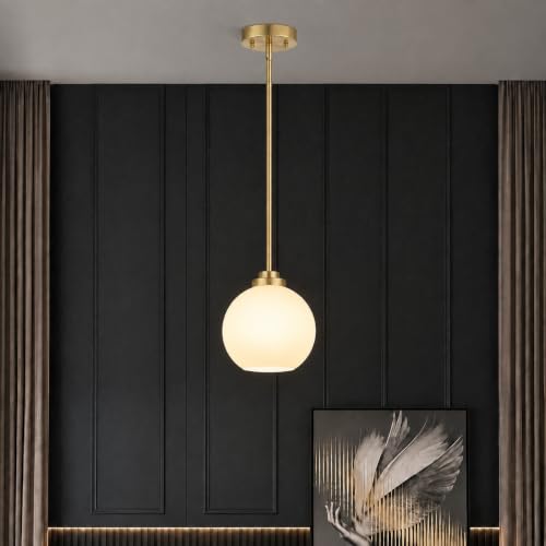 Image of 1 Pack Gold Globe Pendant Lights, Mid Century Gold Pendant Light Fixtures, Globe Pendant Lights Kitchen Island with Milk Glass Shade Adjustable Hanging Fixture for Dining Room (Bulbs not Included)