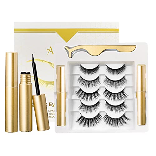 ALLURETODAY Magnetic Eyelashes and Eyeliner Kit, Tweezer Included with Reusable 5 Pairs | False 3D/6D Natural Looking Lightweight Lashes, 8 piece set including 2 1 Applicator No Glue Needed