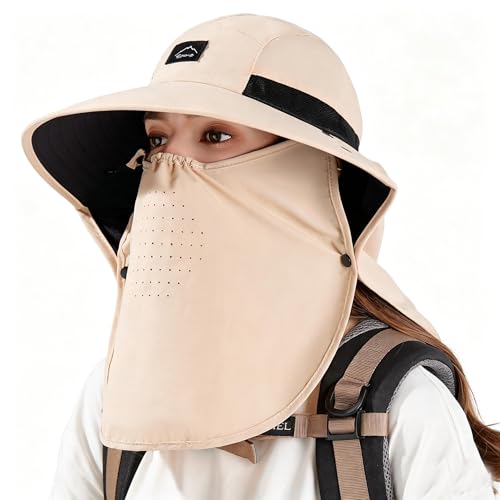 Image of Rosoz Outdoor Sun Hat for Men Women, UPF50+ Protection Safari Cap Wide Brim Mesh Fishing Hat with Neck Flap Beach Garden