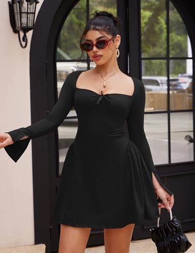 YMDUCH Women's Sexy Long Sleeve Sweetheart Neck A-line Ruffle Hem Party Club Mini Dress4