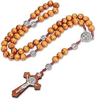 Hicarer Olive Wood Rosary Necklace Catholic Rosary Cross Wood Beads Handmade Rosary Wooden Chain Cross Olive Wood Beads Necklace with Flannel Bag for Men and Women Necklace (Dark Brown)