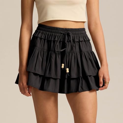Women Casual Ruffle Mini Skirt Solid Color High Waisted Flowy Tiered Short Skater Skirts for Autumn Winter2