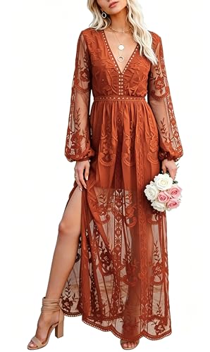 Image of LRISES Womens V Neck Floral Embroidered Lace Wedding Maxi Dress Boho Short Sleeve Slit Bridesmaid Evening Party Dresses